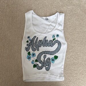 White Alpha Sig Alpha Tank Top with Blue Floral Design